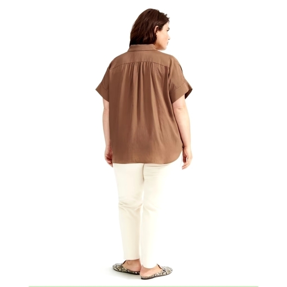 Everlane Shirt 00 2XS Women Brown Coco Button Up Short Sleeve Japanese Go Weave - Picture 2 of 16